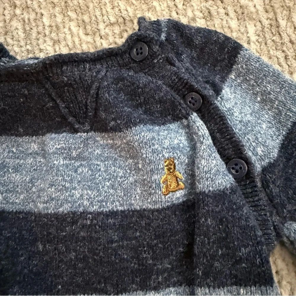 Baby Gap Knit Striped Romper 3-6M Navy Blue Gray Blue Teddy Bear One-Piece Rugby